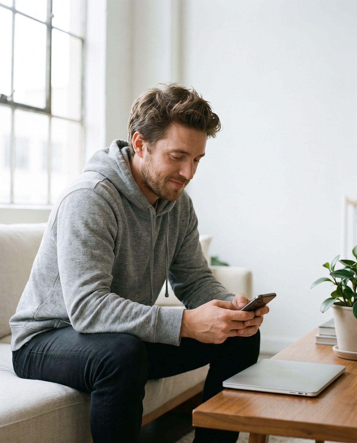 A young founder on his sofa reading his phone with a calm, relieved expression