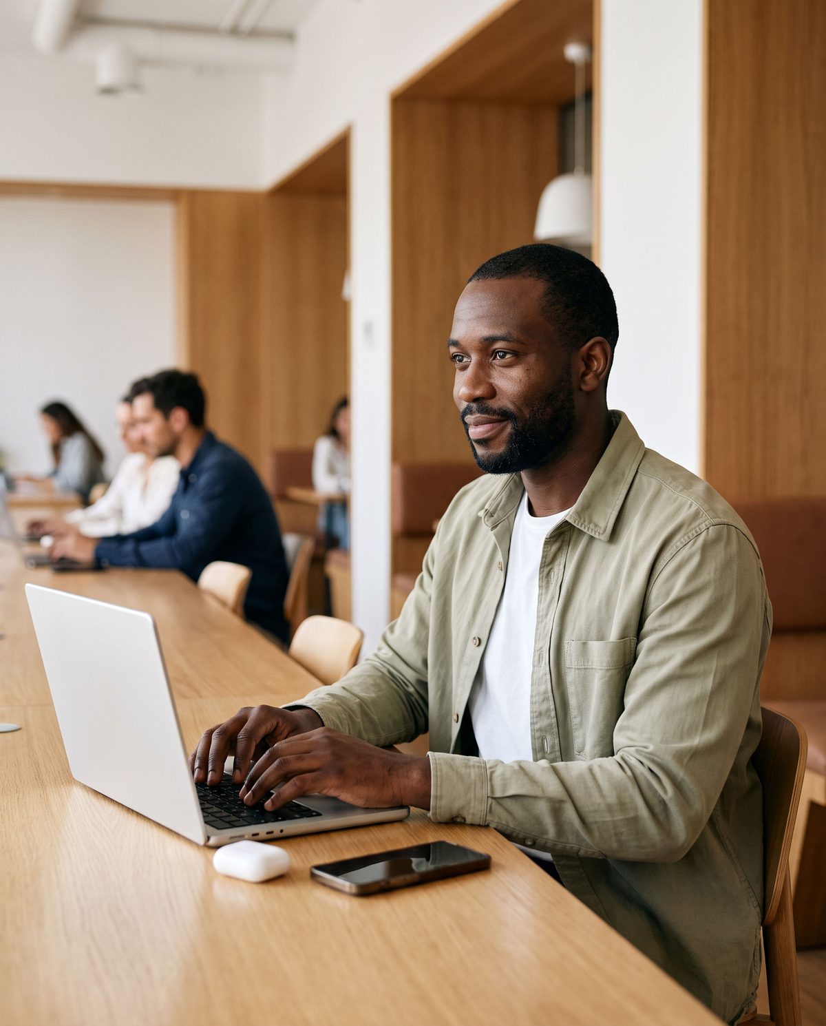 A finance controller replying to a teammate from a shared desk in a co-working space