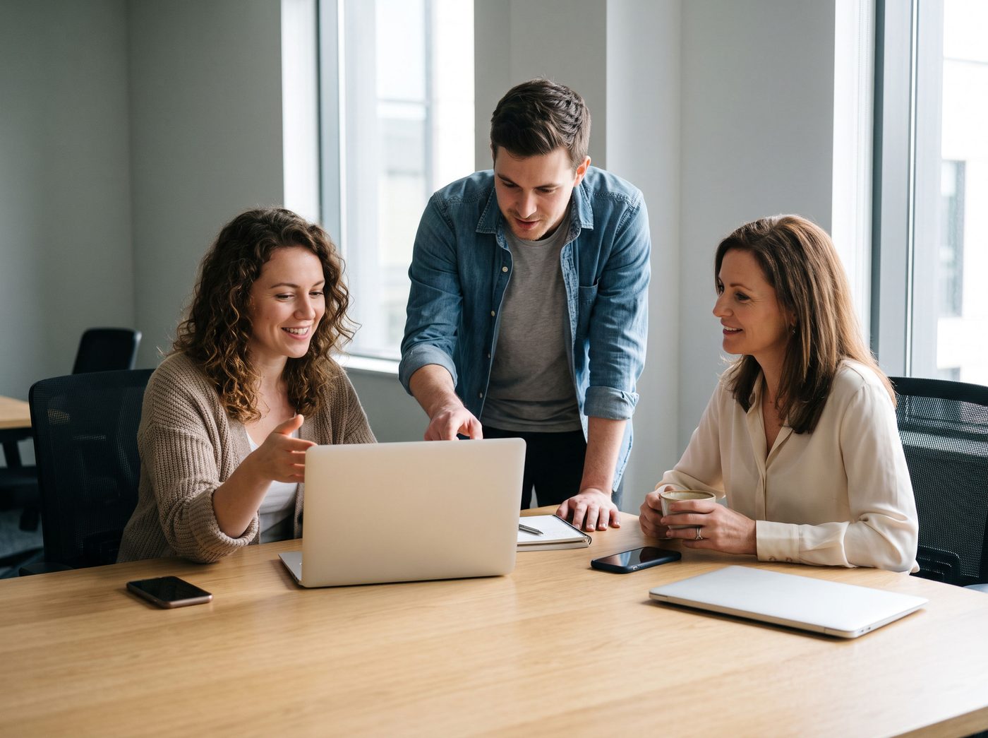 Three colleagues reviewing month-end numbers together around a laptop